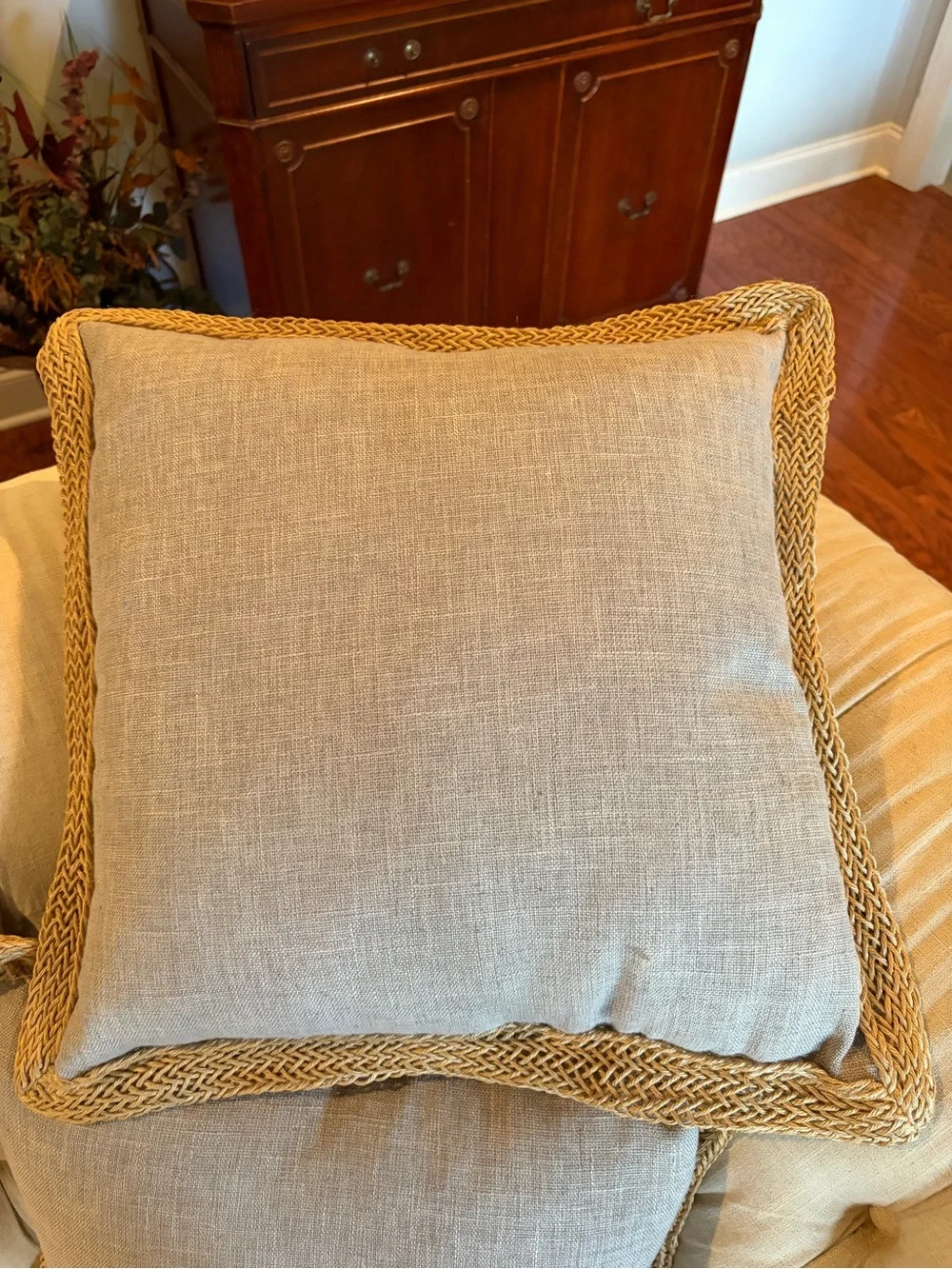 Canaan Company EUC Neutral Linen Throw Pillow with Braided Trim - Set of 3